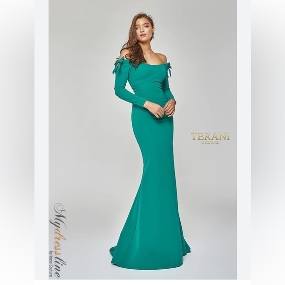 Terani Couture emerald green Off Shoulder High Scoop Neck Gown - Picture 2 of 11